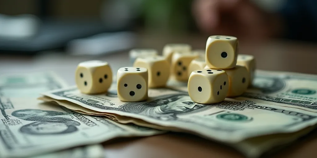 a pile of money sitting on top of a table next to a pile of dice and money notes on top of each othe