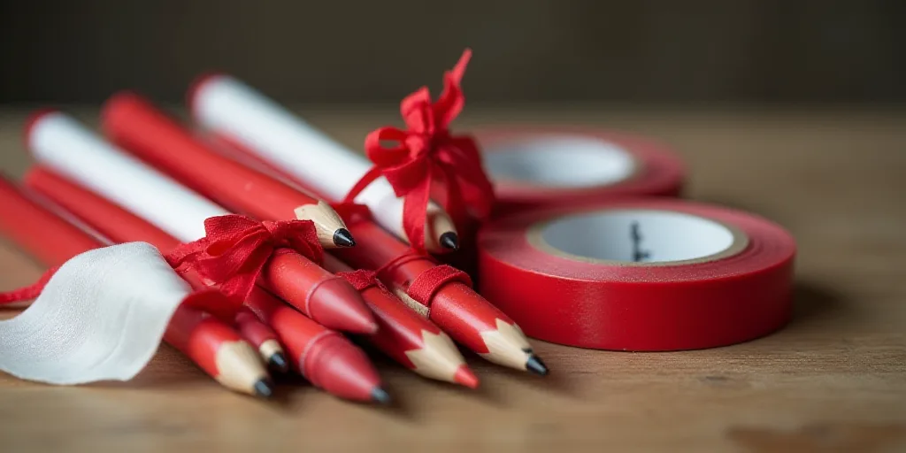 a pile of penns and rolls of red and white tape on a table with a roll of red and white tape, Andrie