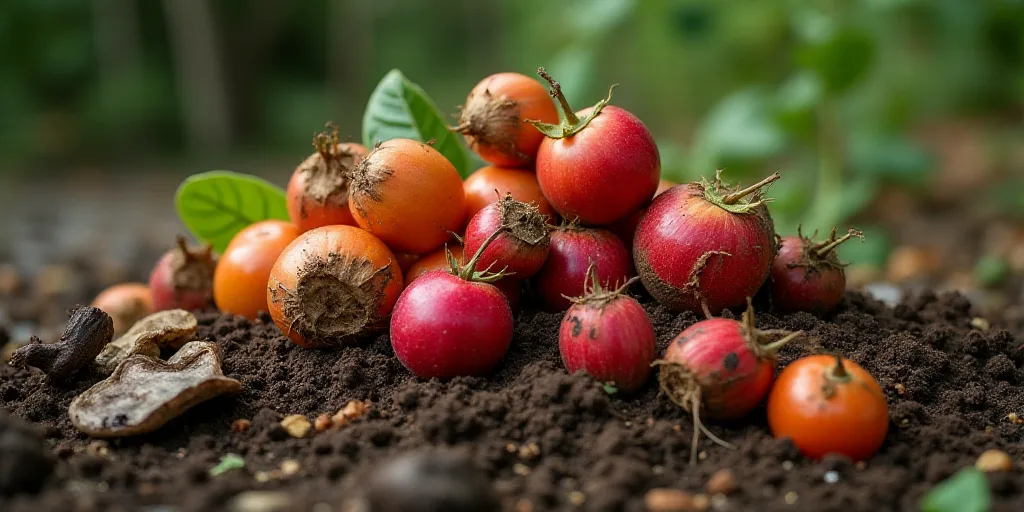 a pile of rotten fruit and vegetables on the ground with a few pieces of fruit on top of it, Boetius