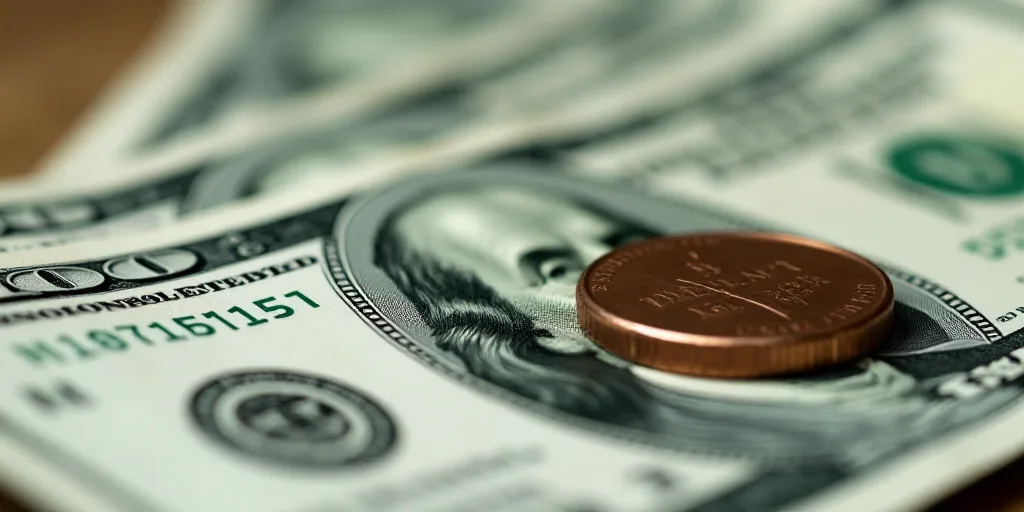 a pile of twenty dollar bills with a penny on top of it and a coin on the bottom of the bills, Avgus
