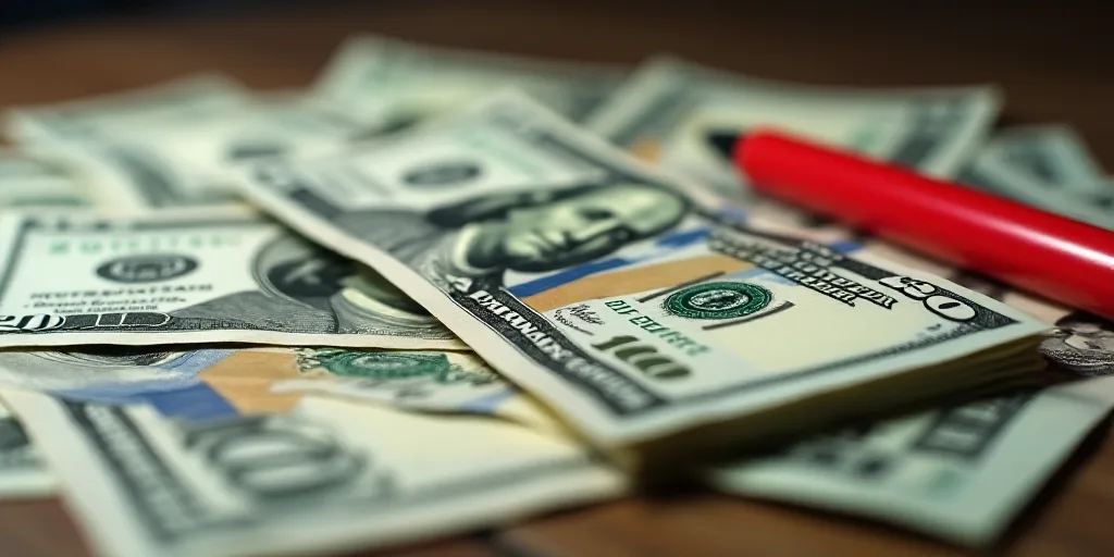 a pile of twenty dollar bills sitting on top of each other on a table top with a red pen, Benjamin F