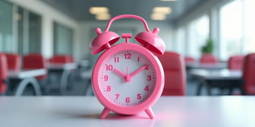 a pink alarm clock sitting on top of a table in an office building with desk chairs and desks, Évar