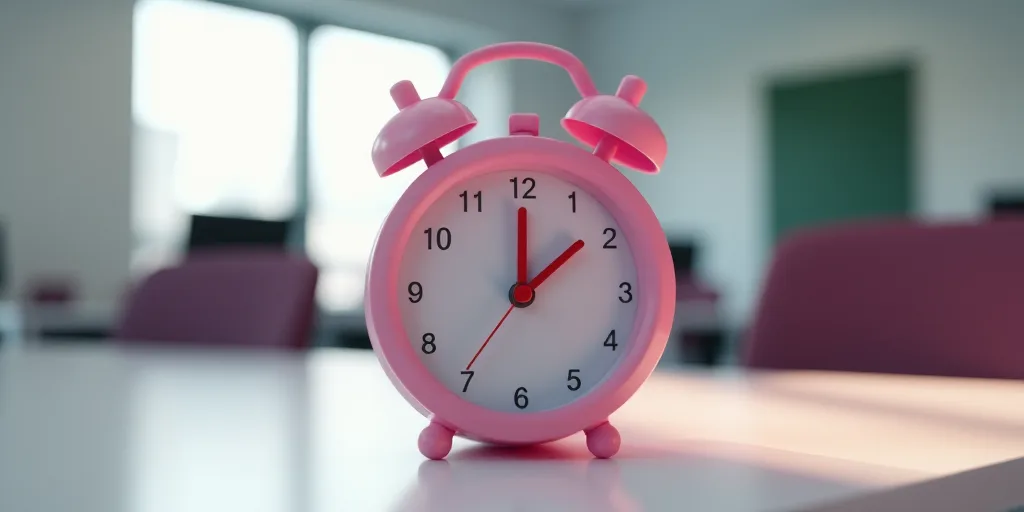 a pink alarm clock sitting on top of a table in an office building with desk chairs and desks, Évar