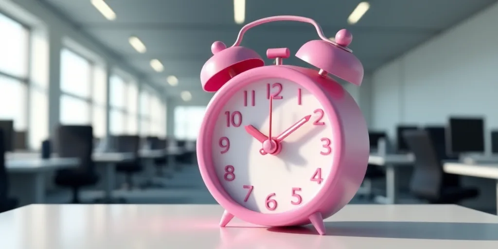 a pink alarm clock sitting on top of a table in an office building with desk chairs and desks, Évar