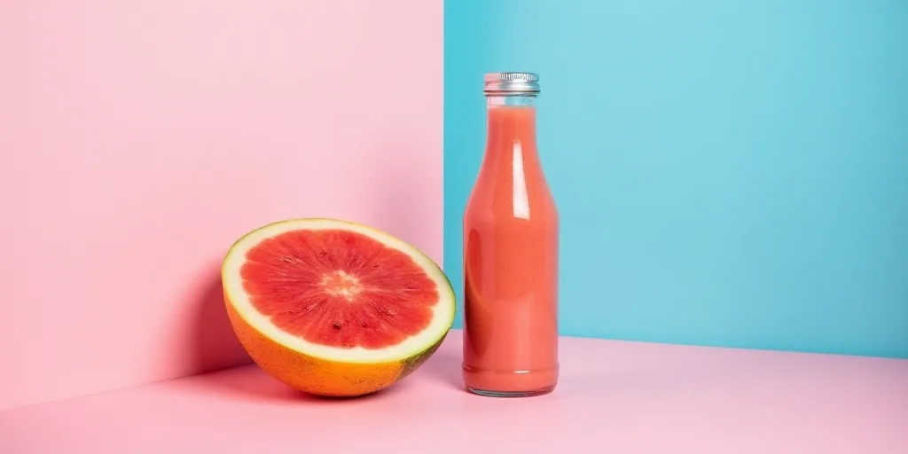 a pink and blue background with a watermelon and a grapefruit smoothie in a bottle, Évariste Vital