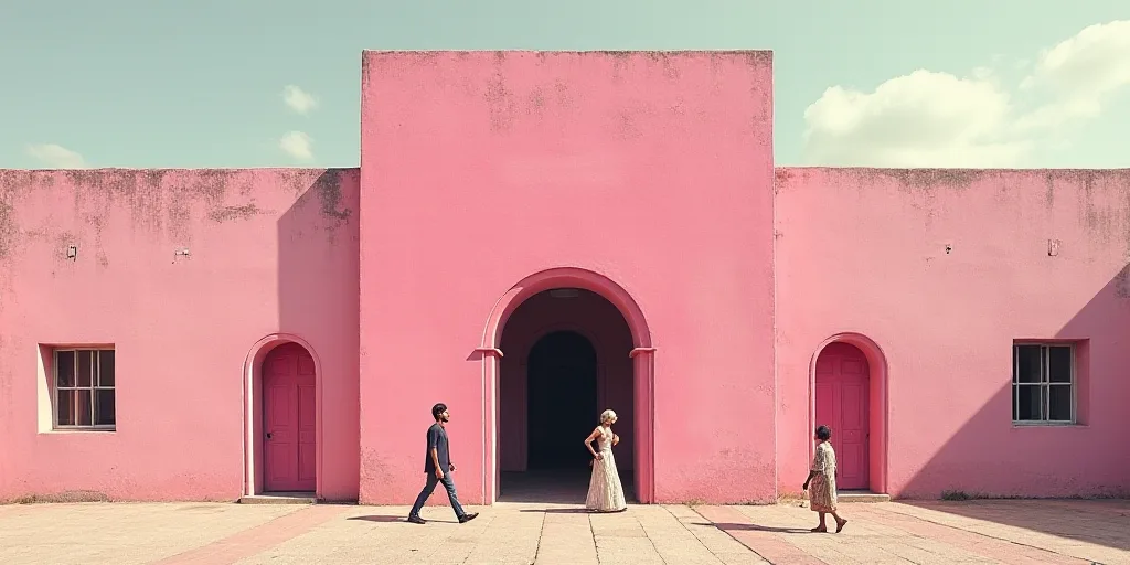 a pink building with a man walking in front of it and a woman walking by it in front of it, David Al