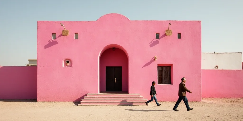 a pink building with a man walking in front of it and a woman walking by it in front of it, David Al