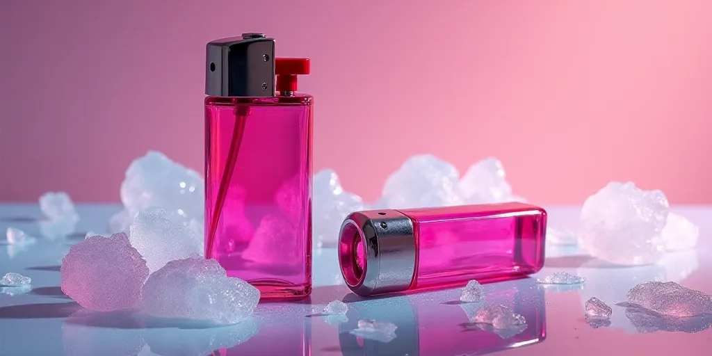 a pink lighter and a pink lighter on a table with ice crystals and a pink lighter on it's side, Éva