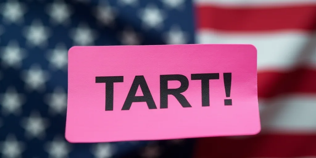 a pink sticker that says tarifs on a flag of the united states of america with stars, Clovis Trouill