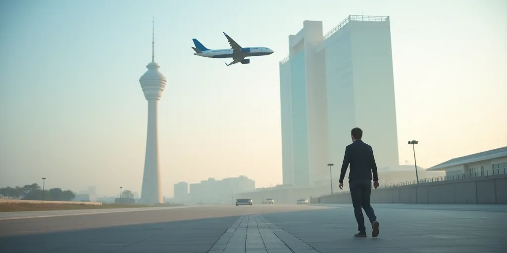 a plane flying over a tall building with a tower in the background and a person walking by it on a r