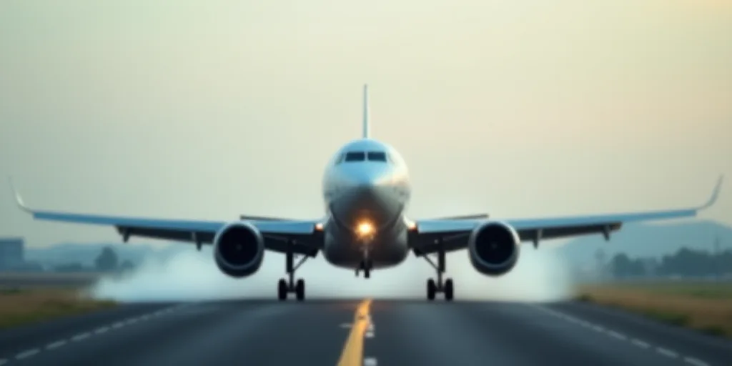 a plane is on the runway at an airport with smoke coming out of it's engines and landing gear, Aníb