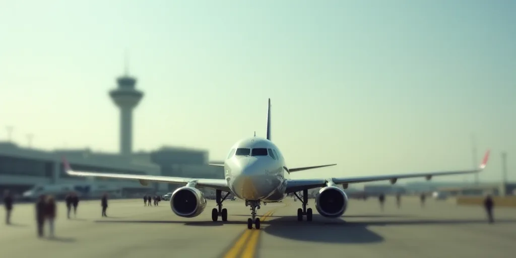 a plane is parked at an airport with a tower in the background and people standing around it on the