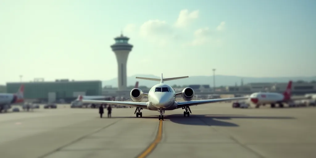 a plane is parked at an airport with a tower in the background and people standing around it on the