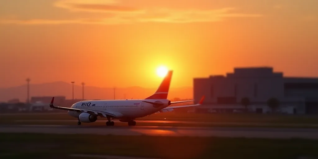 a plane is sitting on the runway at sunset time, with the sun in the background and a building in th