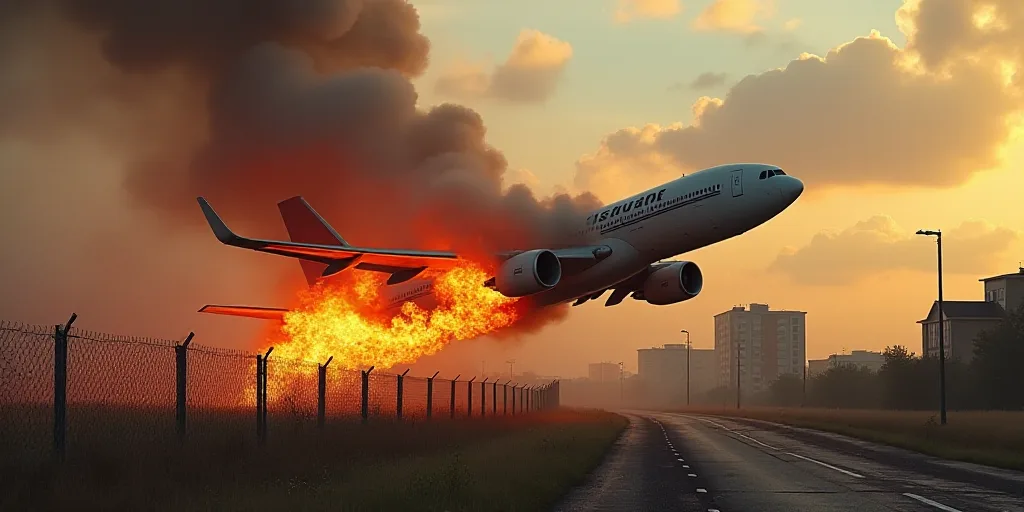 a plane that is on fire in the air near a fence and buildings in the background with smoke coming ou