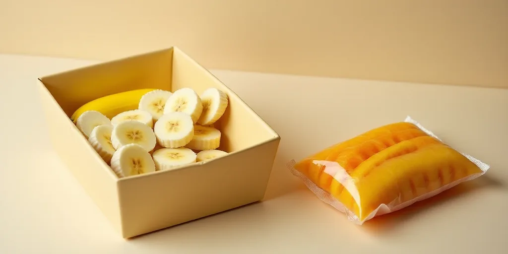 a plastic container filled with sliced bananas next to a package of fruit slices and a package of fr