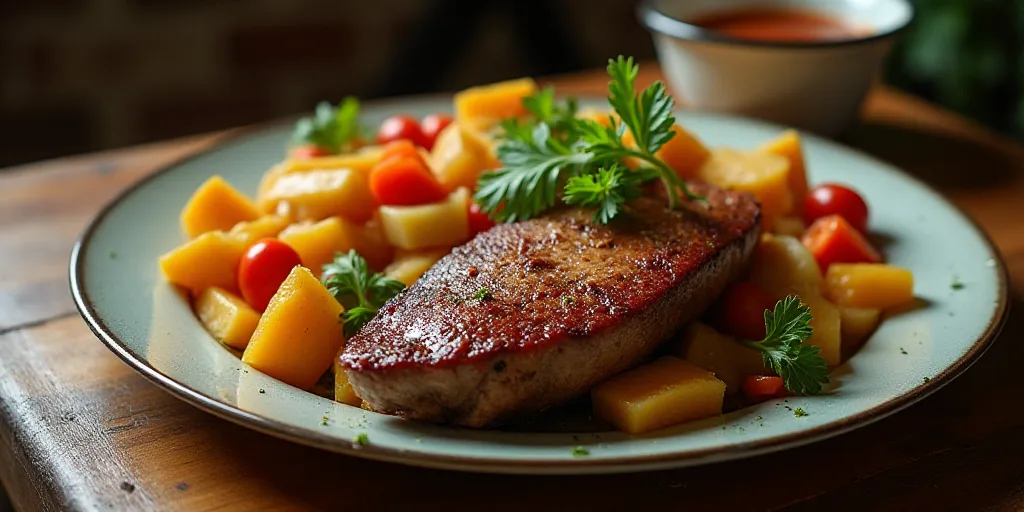 a plate of food with a large piece of meat and vegetables on it, on a wooden table top, Carpoforo Te