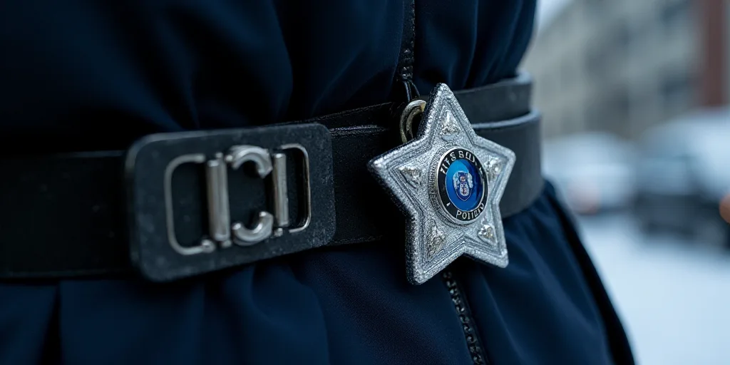 a police badge is attached to a uniform belt that is attached to a jacket with a badge on it, Ei-Q,