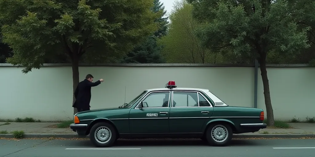 a police car parked on the side of a road next to a white wall and trees with a man in a black coat,