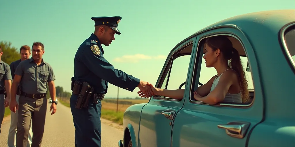 a police officer is handing something to a woman in a car while others look on from the side of the