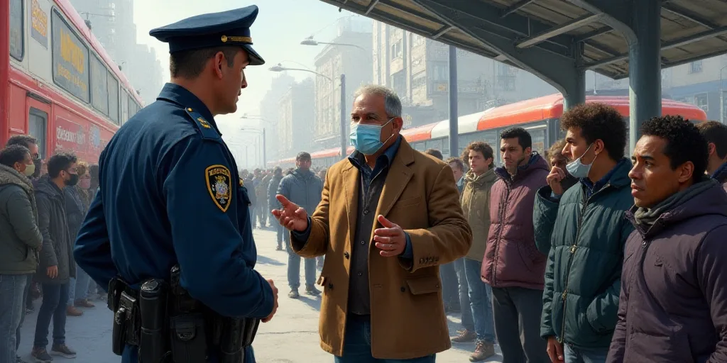a police officer is talking to a crowd of people on a bus platform, with a man in a face mask, Estua