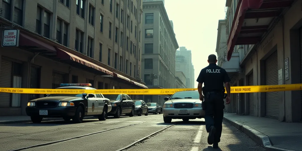 a police officer is walking near a police car and a police tape is blocking the area of a building,