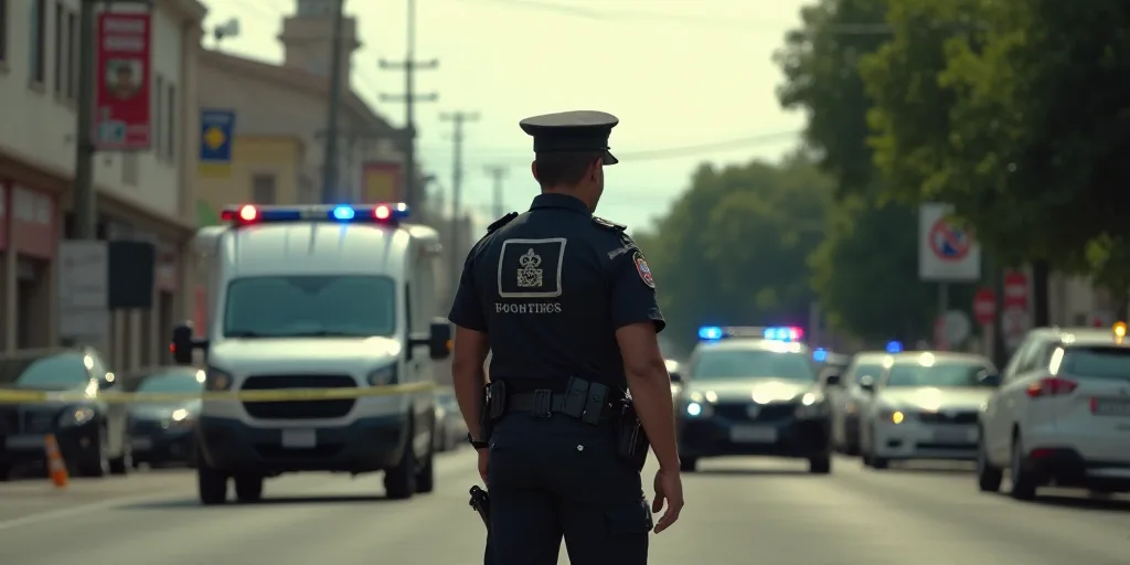 a police officer standing in front of a police car and a police truck in a street with police tape,