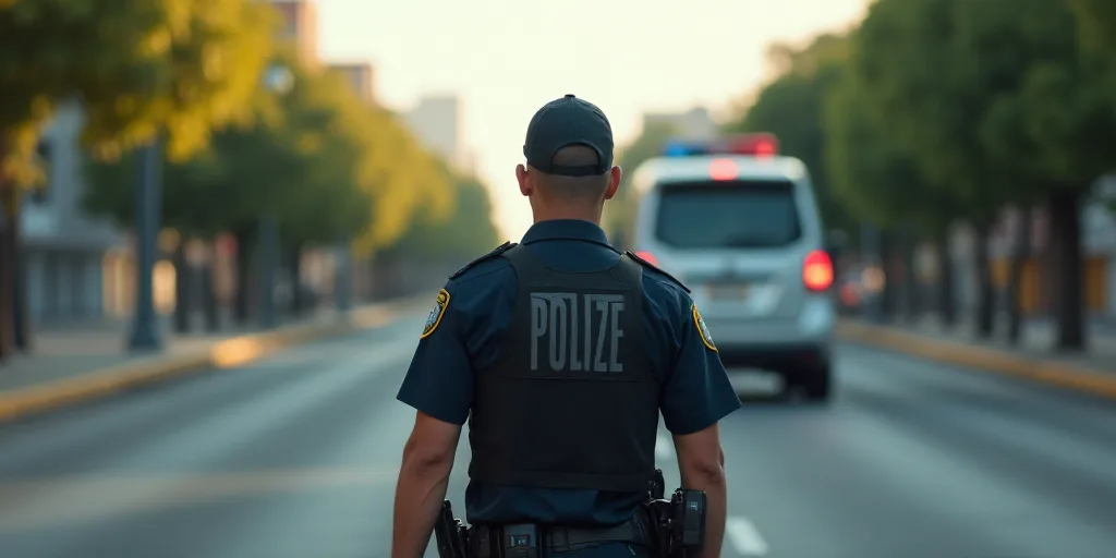 a police officer standing in the middle of a road with a camera on his shoulder and a police car in