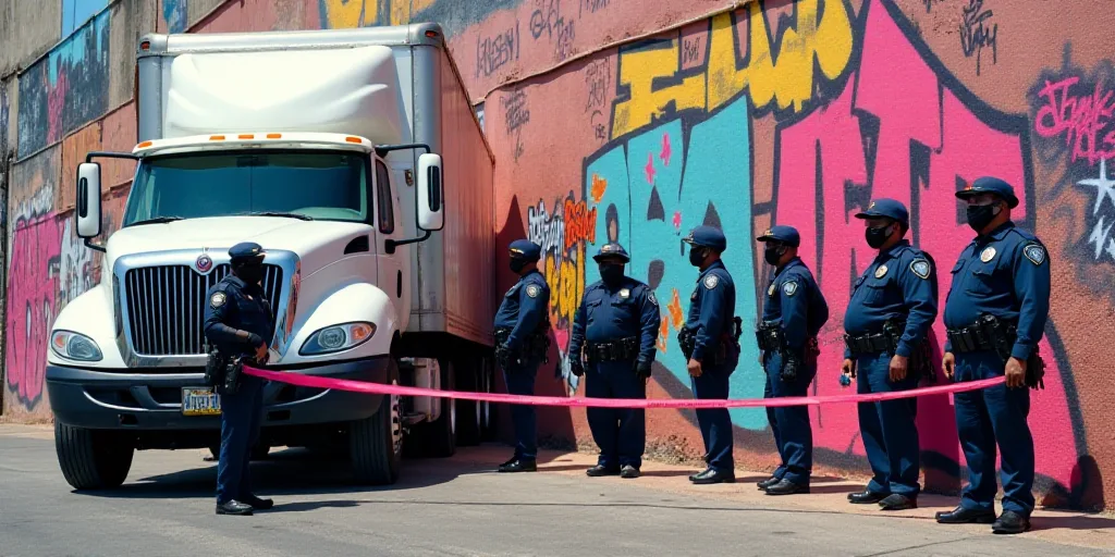 a police officer standing next to a white truck and a pink tape line with police officers behind it