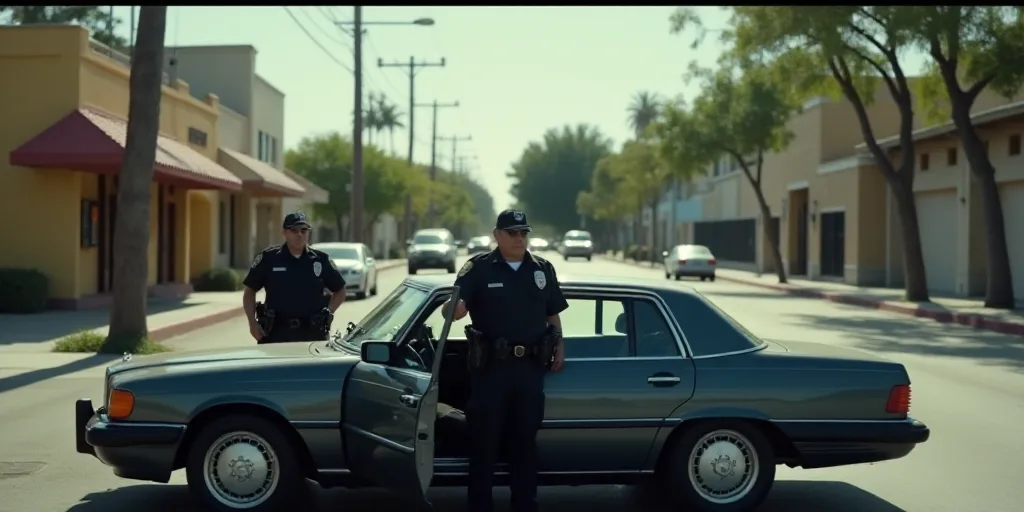 a police officer standing next to a car with its door open and a police officer standing next to it,