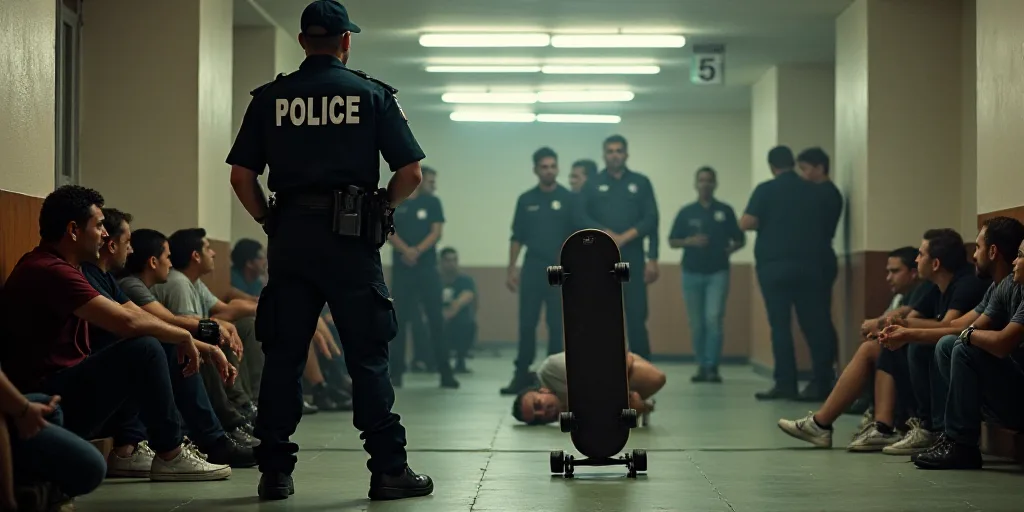 a police officer standing over a group of people on a floor with a skateboard on it's side, Carlos F