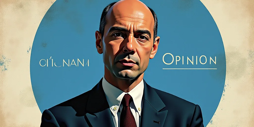 a poster of a man in a suit and tie with a blue circle around him that says opinion armanoo guanna,