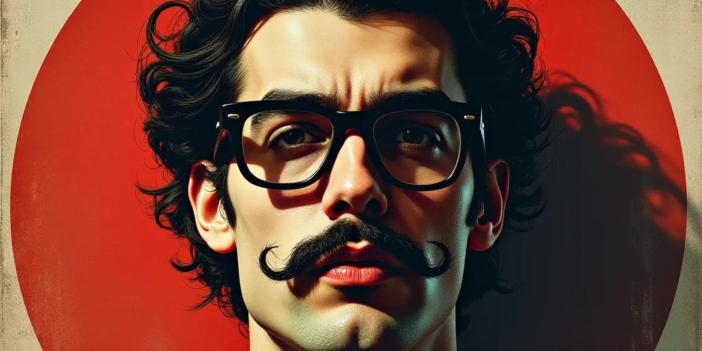 a poster with a man in glasses and a mustache on it, with the caption of a photo of a man in glasses