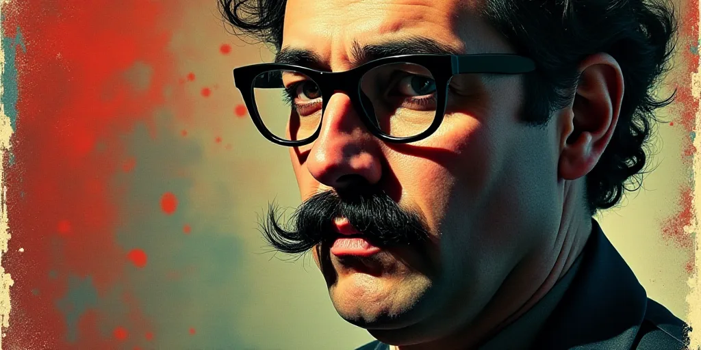 a poster with a man in glasses and a mustache on it, with the caption of a photo of a man in glasses
