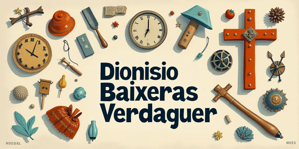 a poster with a number of different types of items on it, including a clock and a cross, and a messa