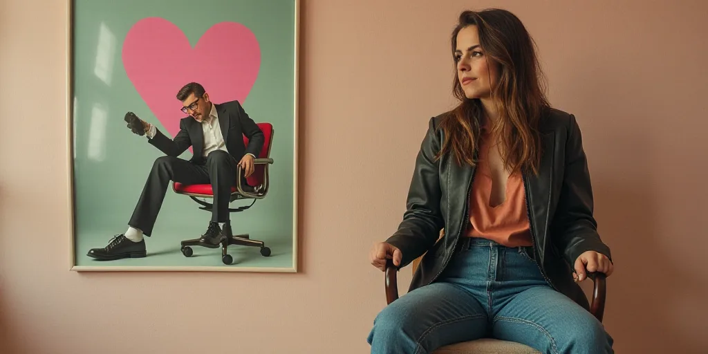 a poster with a woman in a chair and a man in a chair in the background with a pink ribbon, Ceferí