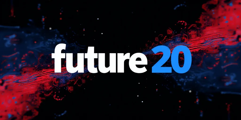 a poster with the words,'future 20'in white and blue on a black background with a red and blue patte