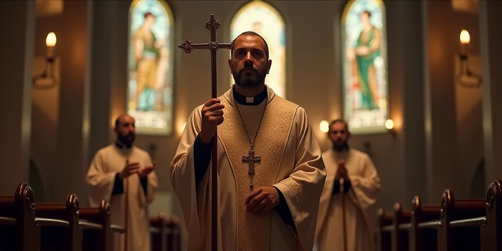 a priest holding a cross in a church with other priests in the background and stained glass windows