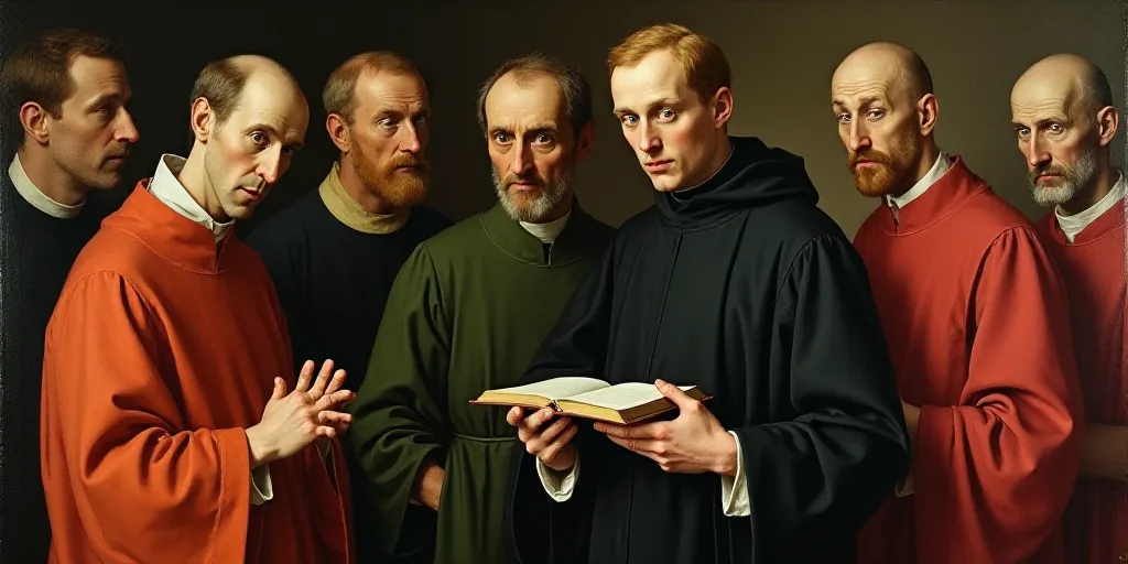a priest is holding a book while other priests stand behind him and look at him with a surprised loo