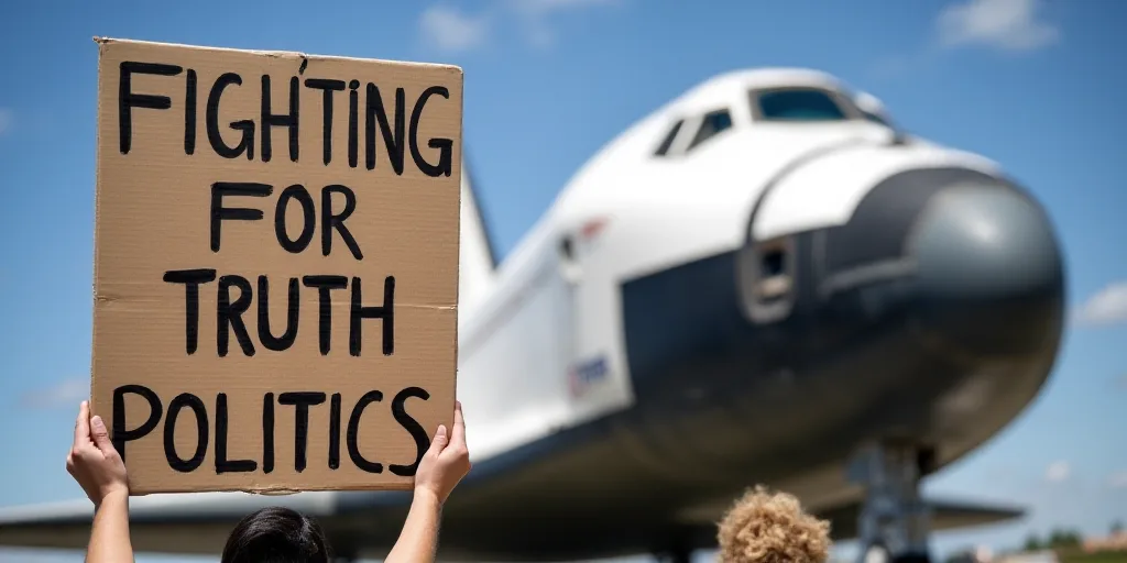 a protester holds a sign that reads i'm fighting for truth politics in front of a space shuttle, Car