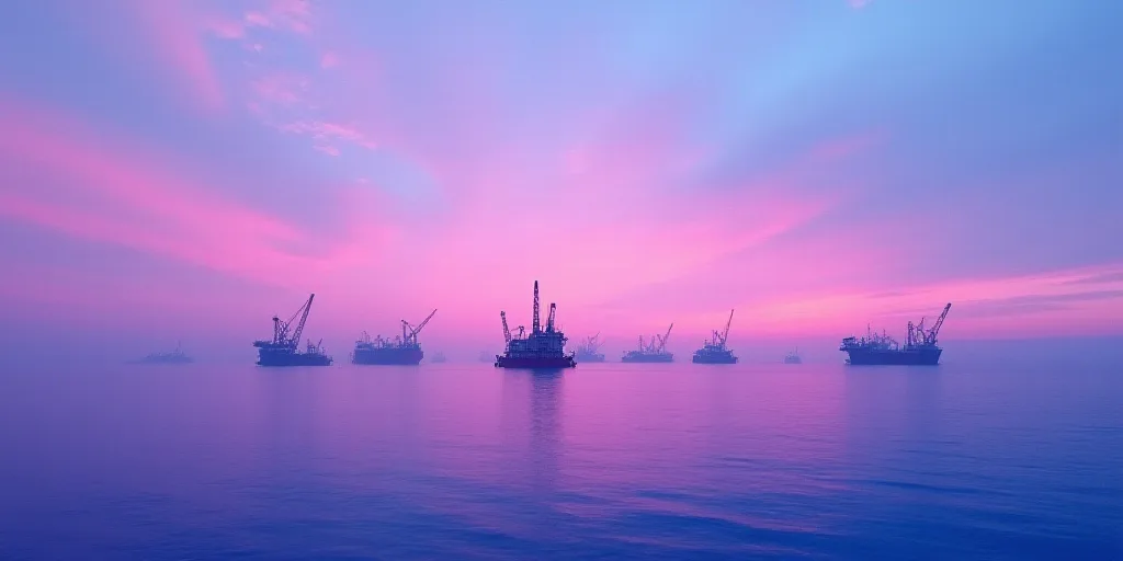 a purple and blue sky over the ocean with oil rigs in the foreground and a pink and purple sky, Andr