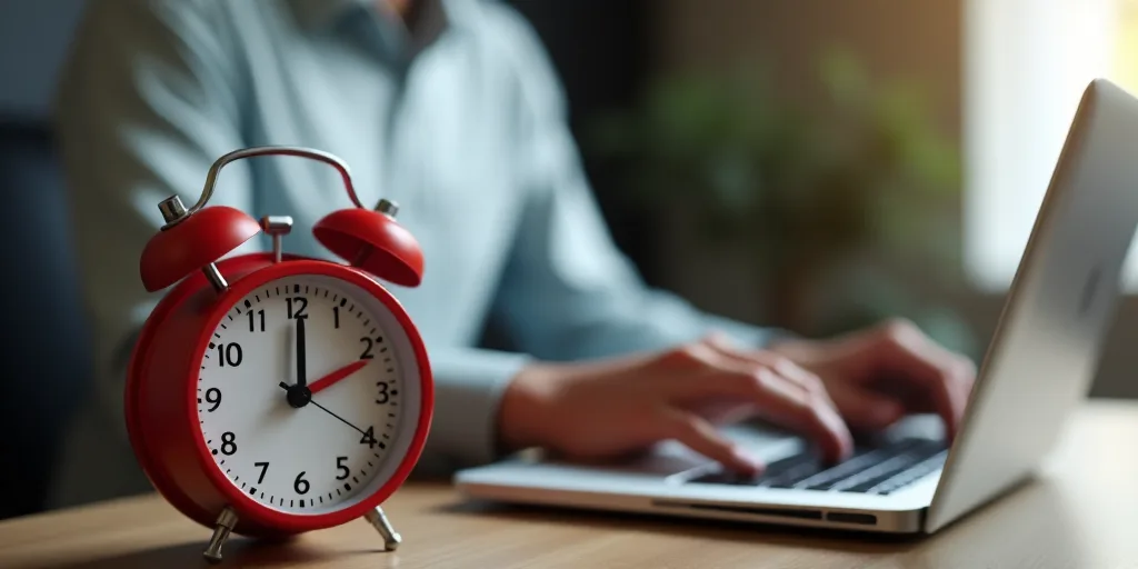a red alarm clock sitting next to a laptop computer on a desk with a person working on a laptop, Den