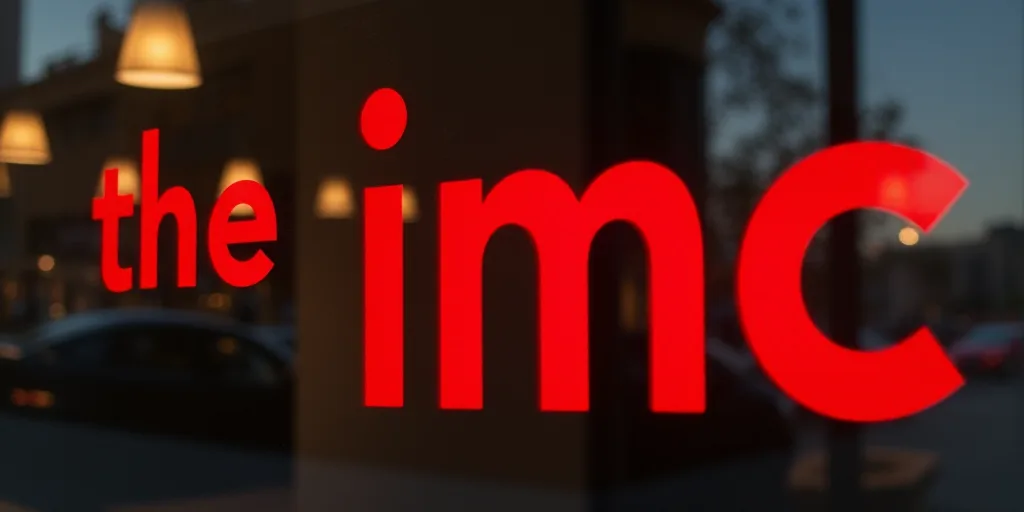 a red and black sign that says,'the imc'in red lettering on a glass window, David Imms, ilm, a silk