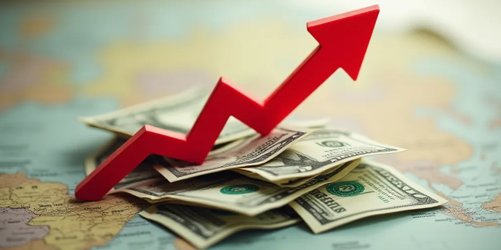 a red arrow pointing upward on top of a pile of money with a map in the background of the image, And