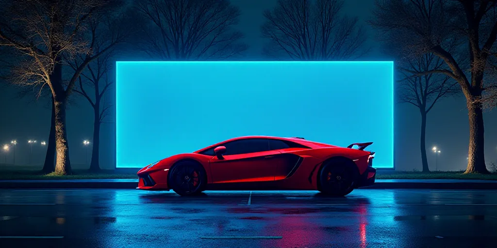 a red car is parked in front of a blue sign and trees at night time with lights on it, Cao Zhibai, i