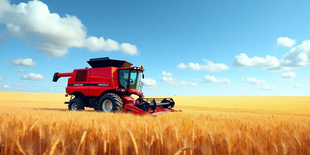 a red combine is in a field of wheat under a blue sky with wispy clouds in the background, Arlington