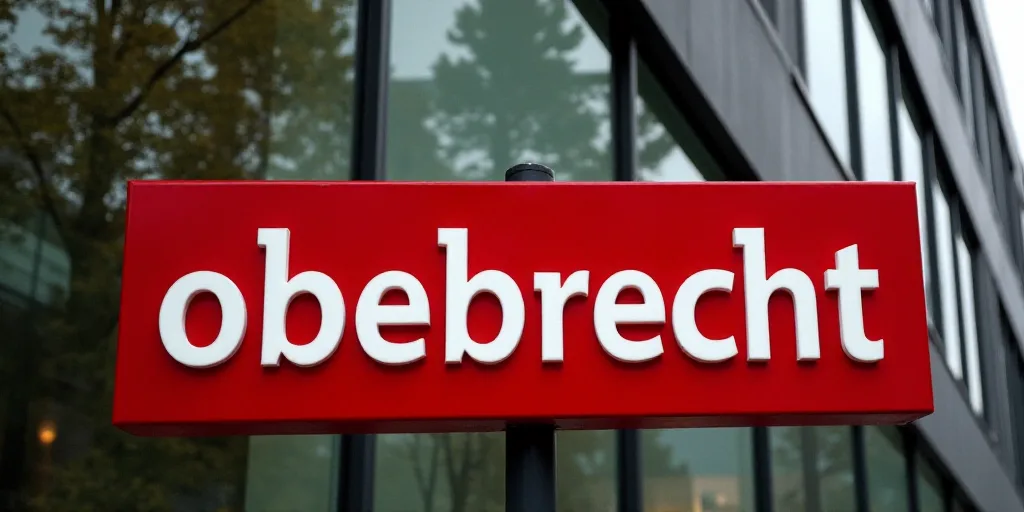 a red sign that reads obebrecht in front of a building with a tall glass window and trees, Anna Mari