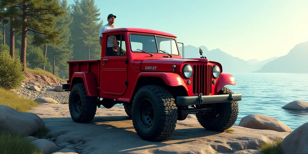 a red truck is parked on the rocks by the water and trees in the background, with a man standing in