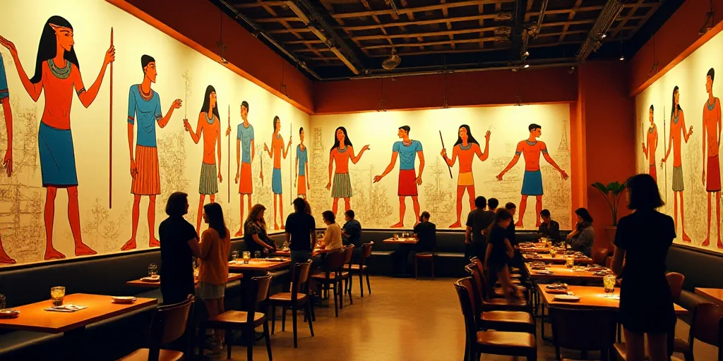 a restaurant with a large mural on the wall and people standing around the tables and chairs in the