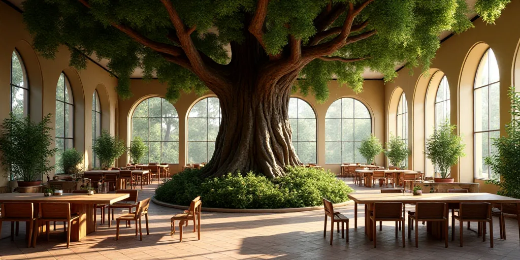 a restaurant with a large tree in the middle of the room and many tables and chairs around it with p